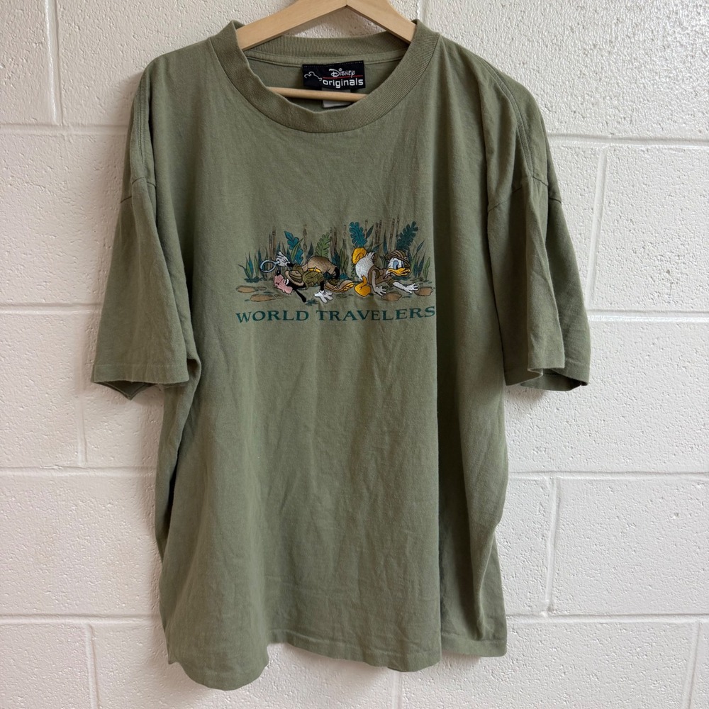 Disney Originals Mens World Traveler Goofy Embroidered T-Shirt XXL Green Vintage